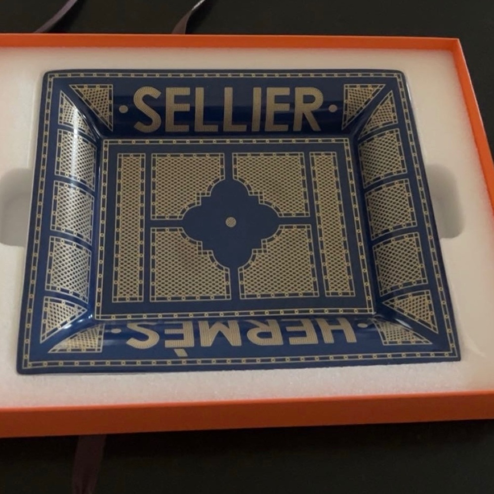 HERMES Sellier Tray Porcelain Blue Gold